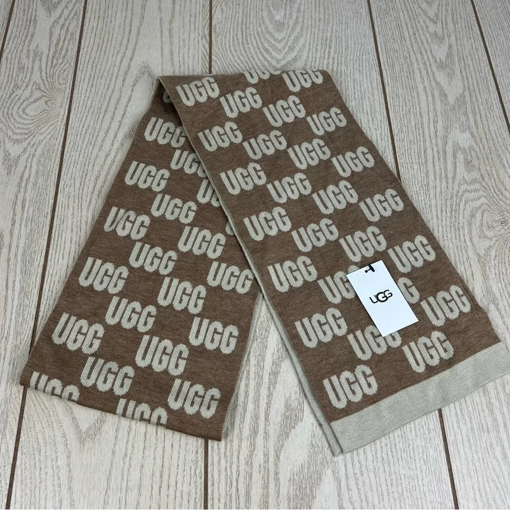 UGG Women's Checked Graphic Logo Scarf OS Chestnut Multi $88